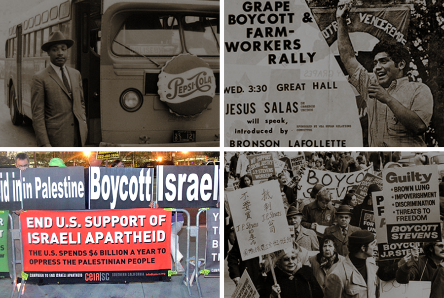 Clockwise from top left: Martin Luther King Jr. at the end of the Montgomery bus boycott, Montgomery, Ala., December 1956; Jesus Salas, representing the Wisconsin Farm Workers Union (Oberos Unidos), 1965; protest at JP Stevens headquarters, New York City, March 1977; demonstrators holding pro-Palestinian banners, Los Angeles, February 2007.