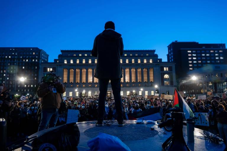 A person speaks to a rally in support of Palestine and for free speech at Columbia University in New York City on Nov. 14, 2023
