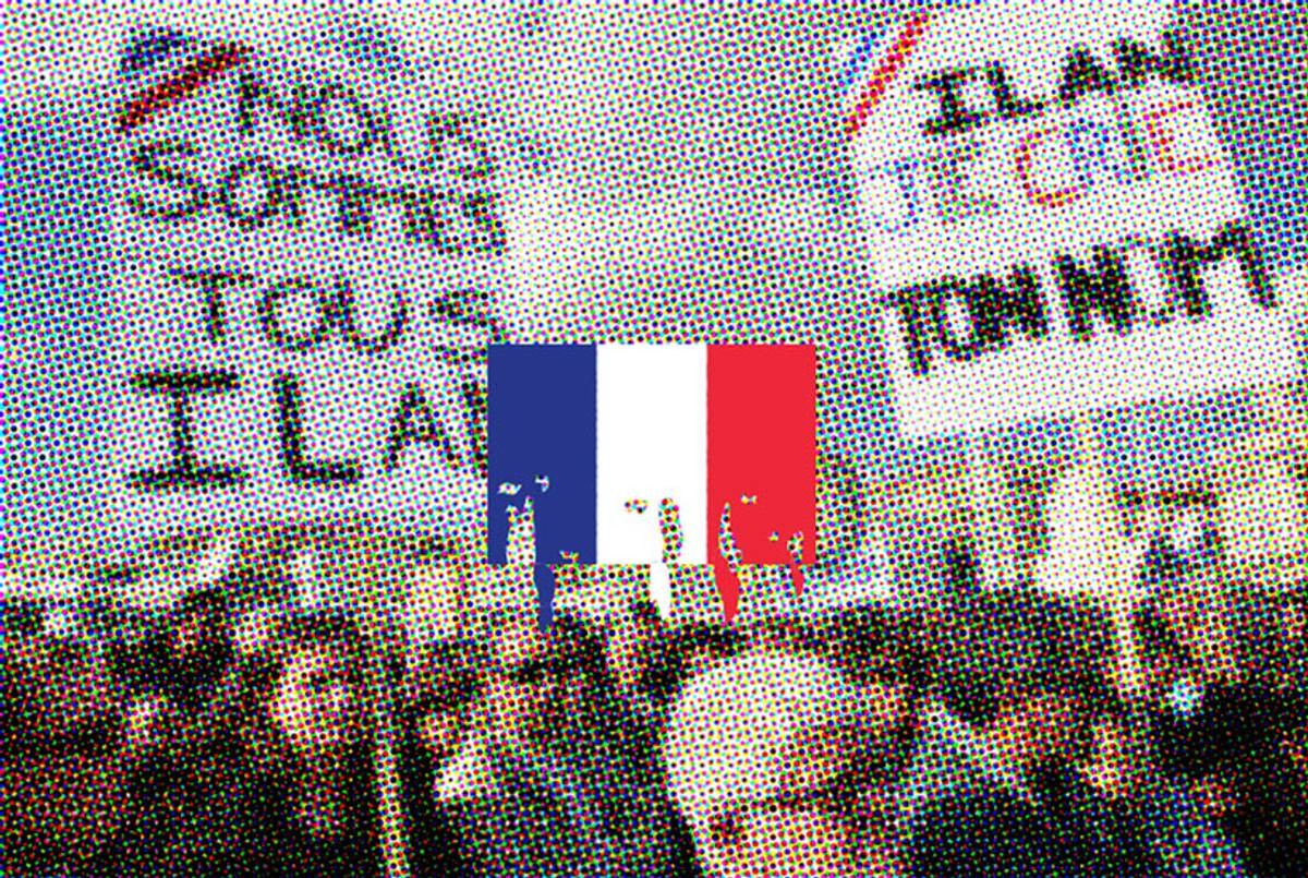 ‘We are all Ilan’ (left) and ‘Ilan, I cry your name.’ Marseille, France, February 2006. (Photoillustration byErik Mace for Tablet Magazine. Original photo: ANNE-CHRISTINE POUJOULAT/AFP/Getty Images)