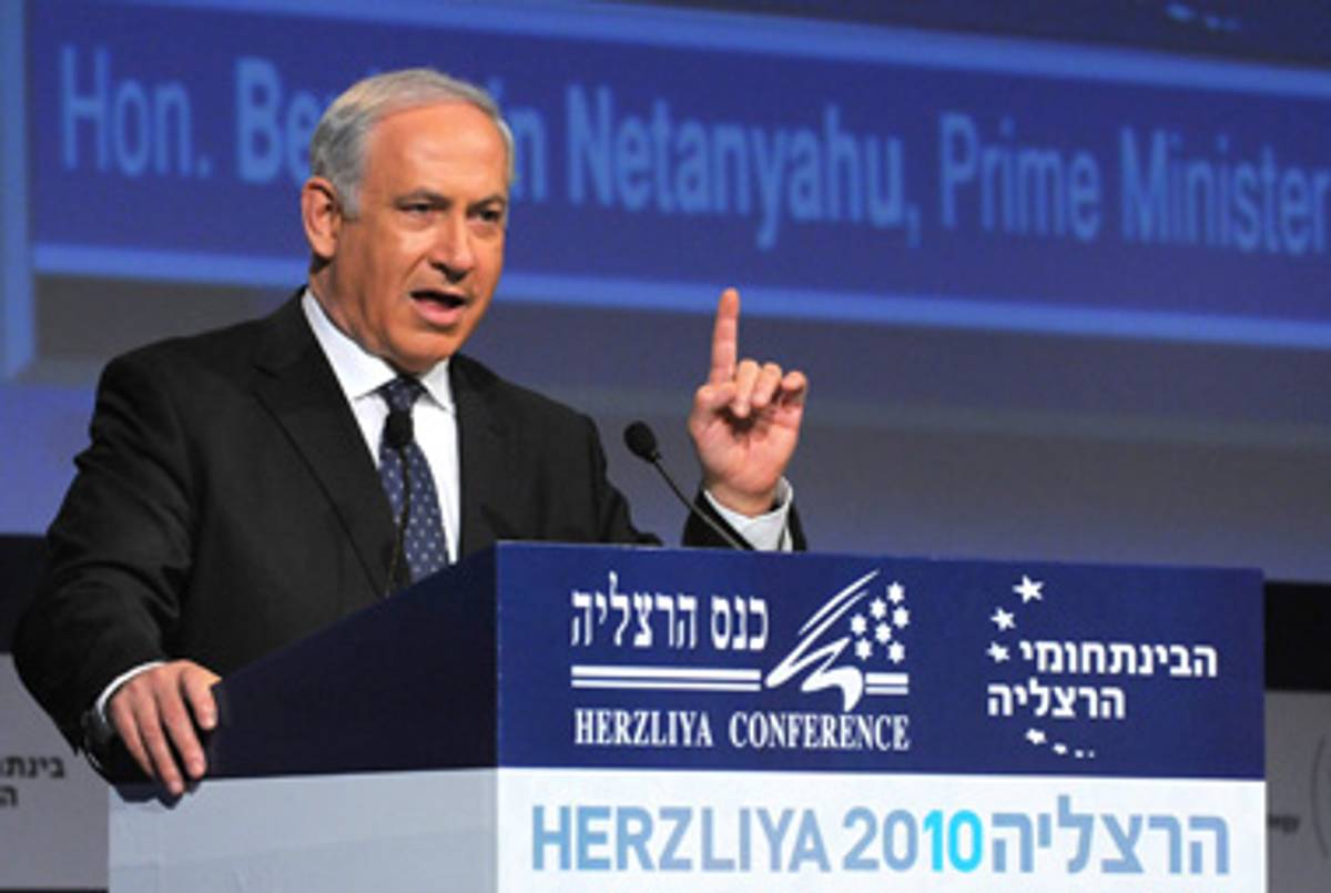 Netanyahu speaking at the Herzliya Conference yesterday.(AP Photo/Rauvan Kastro, pool)