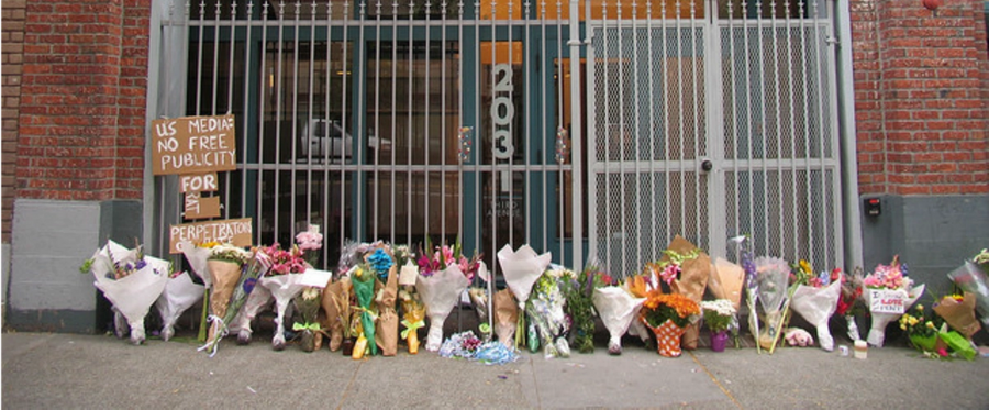 Flowers outside the Jewish Federation building in Seattle, Washington, a memorial to the victims of the 2006 Seattle Jewish Federation shooting.