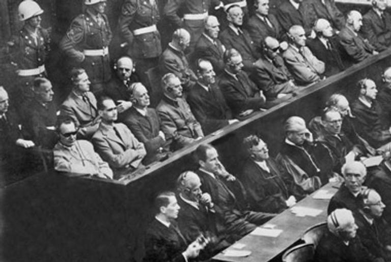 Hoess, in front row, second from left, on trial with other Nazi leaders at Nuremburg.(AFP/Getty Images)