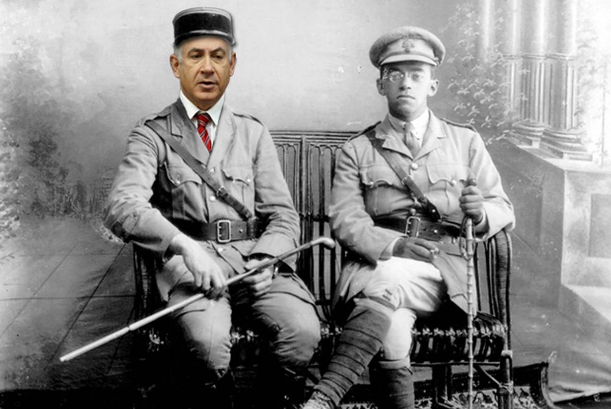 Netanyahu and Jabotinsky.(Collage Tablet Magazine; original photos Gali Tibbonl/Getty Images and Wikimedia Commons.)