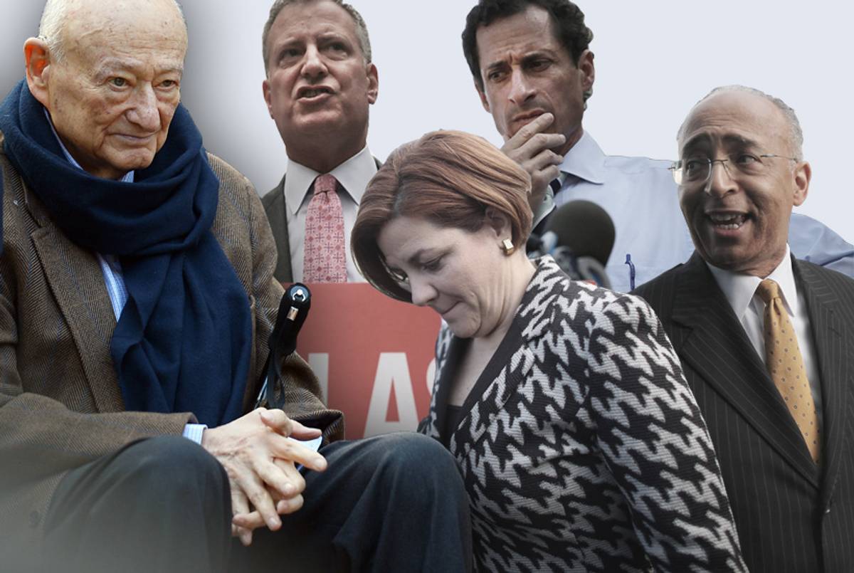 Left to right: former mayor Ed Koch, and mayoral candidates Bill de Blasio, Christine Quinn, Anthony Weiner, and Bill Thompson.(Collage Tablet Magazine; original photos Michael Loccisano/Getty Images, Spencer Platt/Getty Images, and Mario Tama/Getty Images)