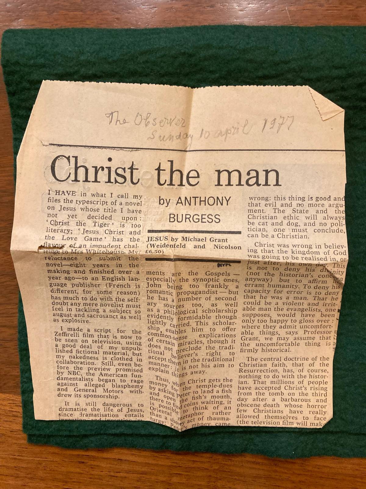Clipping from The Observer, Sunday, April 10, 1977, with Anthony Burgess’ review of 'Jesus' by Michael Grant, left inside Vladimir Nabokov’s weekly planner for 1977