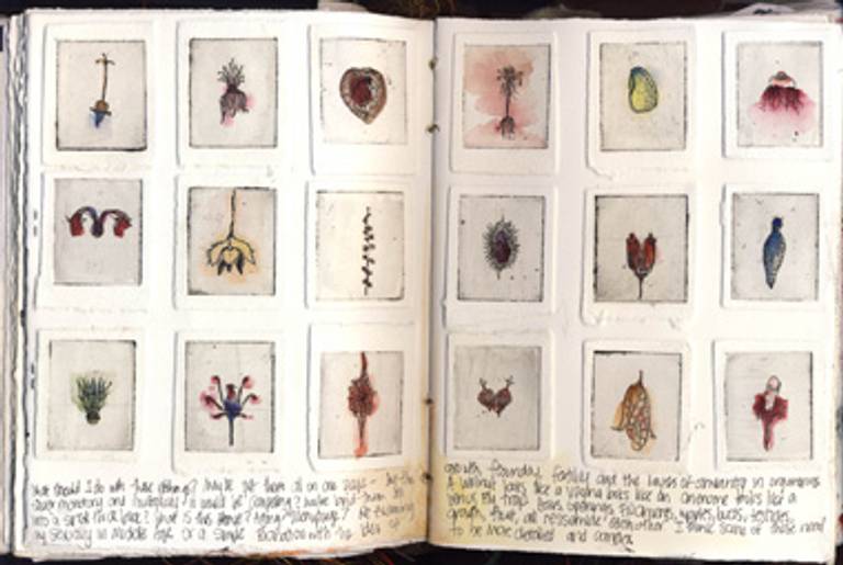 Andi Arnovitz's Pages From a Sketchbook, etchings with watercolor, made at the Jerusalem Print Workshop.(All images courtesy of Jerusalem Print Workshop)