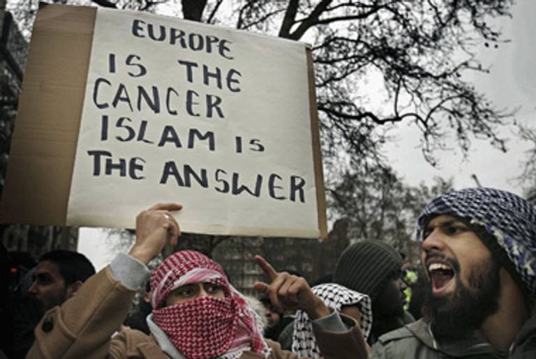 Muslim demonstrators at the Danish Embassy on February 3, 2006 in London.(Peter Macdiarmid/Getty Images)
