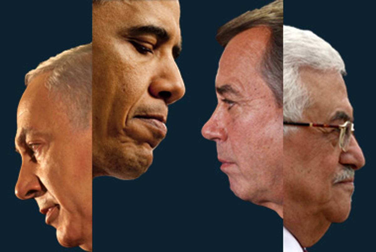 Obama and Boehner, Netanyahu and Abbas.(Netanyahu: Gali Tibbon/AFP/Getty Images; Obama: Jim Watson/AFP/Getty Images; Boehner: Win McNamee/Getty Images; Abbas: Omar Rashidi/PPO via Getty Images)
