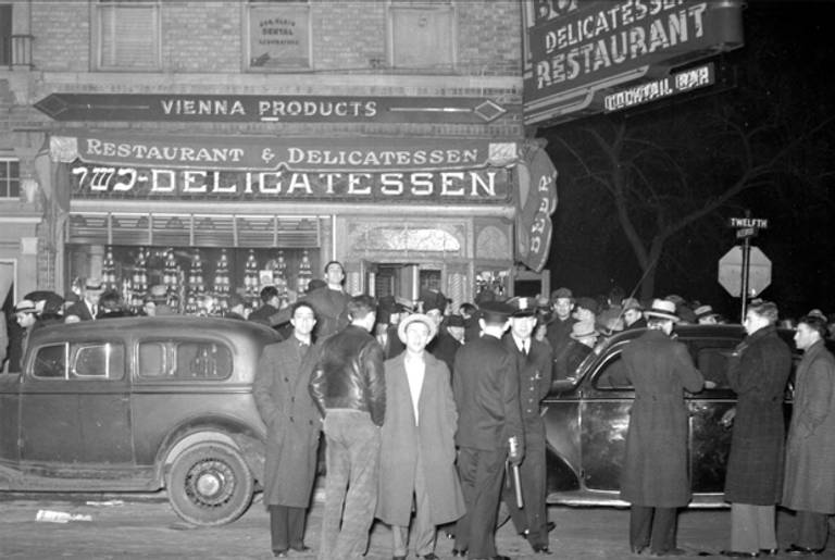 Boesky’s delicatessen on 12th and Hazelwood in Detroit, Nov. 24, 1937, after the fatal shooting of gangster Harry Millman; “Millman’s death signaled the end of the Purple Gang as a force in organized crime in Detroit.” From Robert A. Rockaway in Shofar: An Interdisciplinary Journal of Jewish Studies 20.1 (2001) 113-130(The Detroit News via Virtual Motor City collection, Wayne State University Library.)