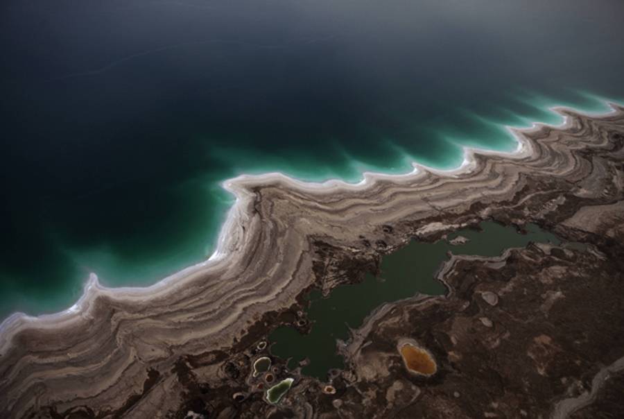 The drying of the Dead Sea is visible in this photograph taken last week.(Menahem Kahana/AFP/Getty Images)