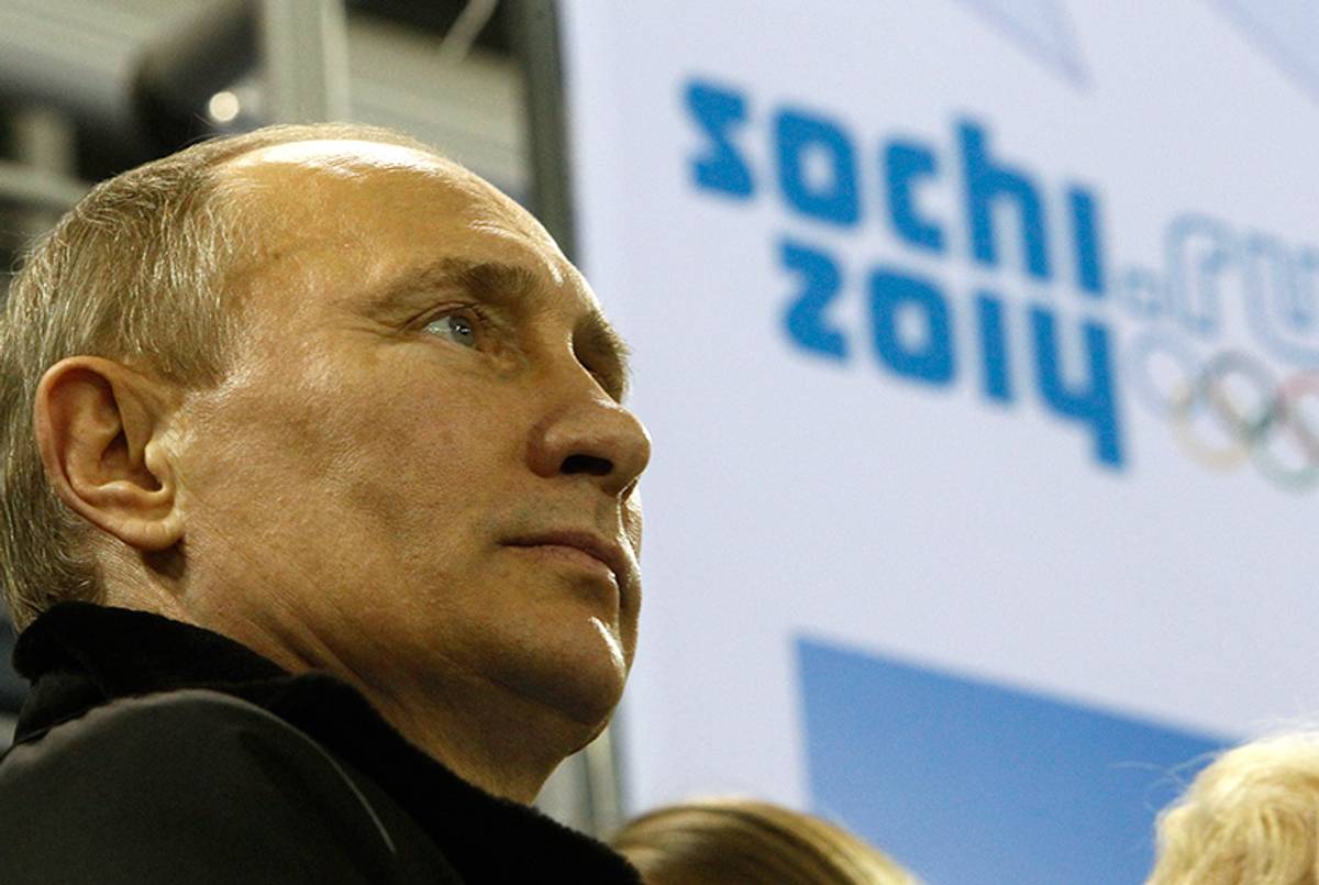 Russia's President Vladimir Putin visits the Ice Cube Curling Centre during his tour of the Olympic venues in Sochi, on Feb. 7, 2013.(Sergei Karpukhin/AFP/Getty Images)