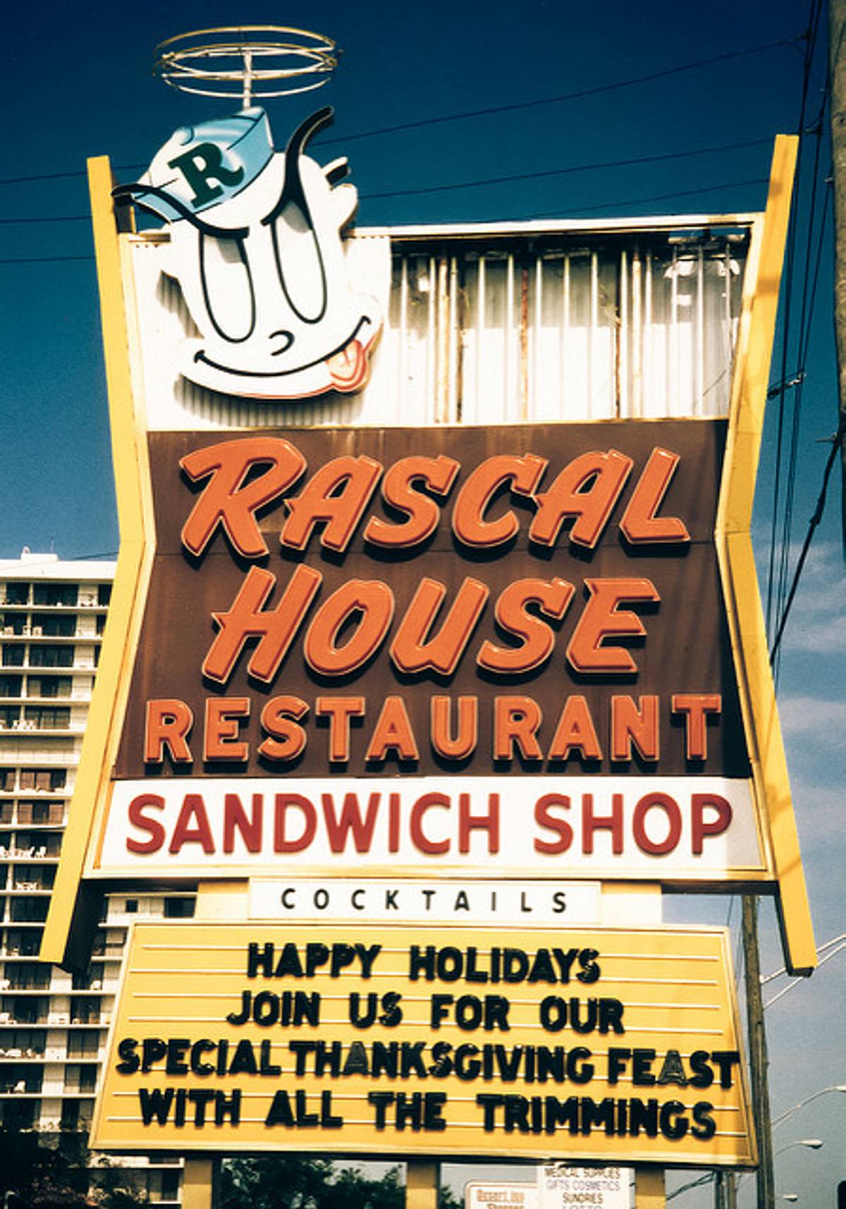 A neon sign for Wolfie Cohen’s Rascal House in Sunny Isles, Miami, Florida, 1996 (John Shephard/Flickr)