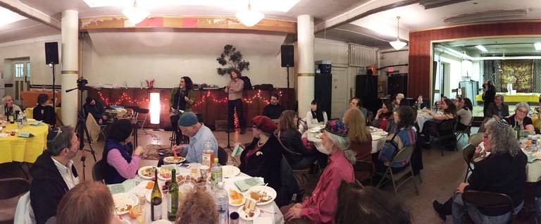 2015 Romemu's 2015 Tu B'Shvat Seder. Basya Schechter is at the microphone.