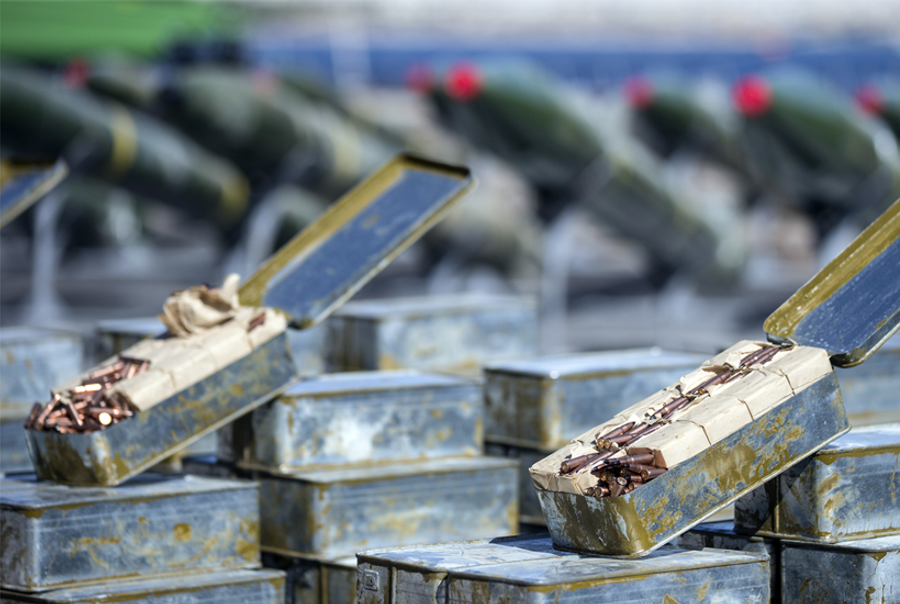 Forty rockets, 181 mortar shells, and approximately 400,000 7.62-calibre rounds are put on display by the Israeli military on March 10, 2014. The ammunition was found on a vessel allegedly transporting arms from Iran to Gaza and was seized on March 5, 2014.(JACK GUEZ/AFP/Getty Images)