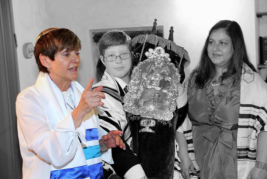 Rabbi Barbara Aiello with Alessandro Yosef Amato and his mother Angela Yael Amato at Alessandro’s bar mitzvah at the synagogue Ner Tamid del Sud.(Courtesy of the author)
