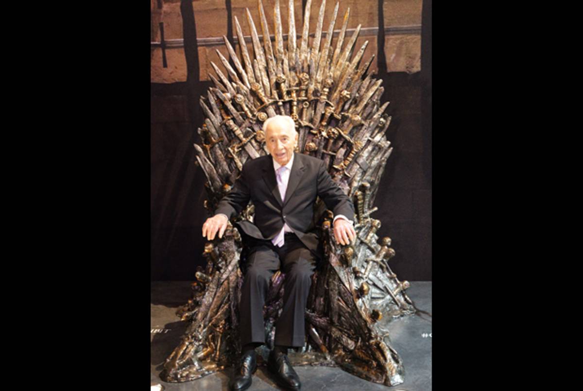 Shimon Peres on the Iron Throne. (Courtesy of yes)