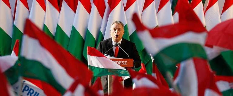 Hungarian Prime Minister Viktor Orbán attends his Fidesz party campaign closing rally on April 6, 2018, in Szekesfehervar, Hungary.