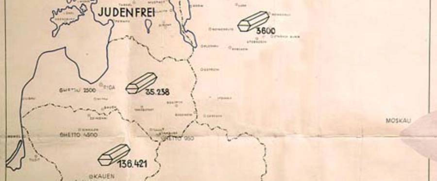 Map titled "Jewish Executions Carried Out by Einsatzgruppe A" from the Nazi SS Brigadeführer Franz Walter Stahlecker's report. Marked "Secret Reich Matter," the map shows the number of Jews shot in Reichskommissariat Ostland. According to this map the estimated numbers of Jews killed in Lithuania is 136,421 by the date that his map was created.