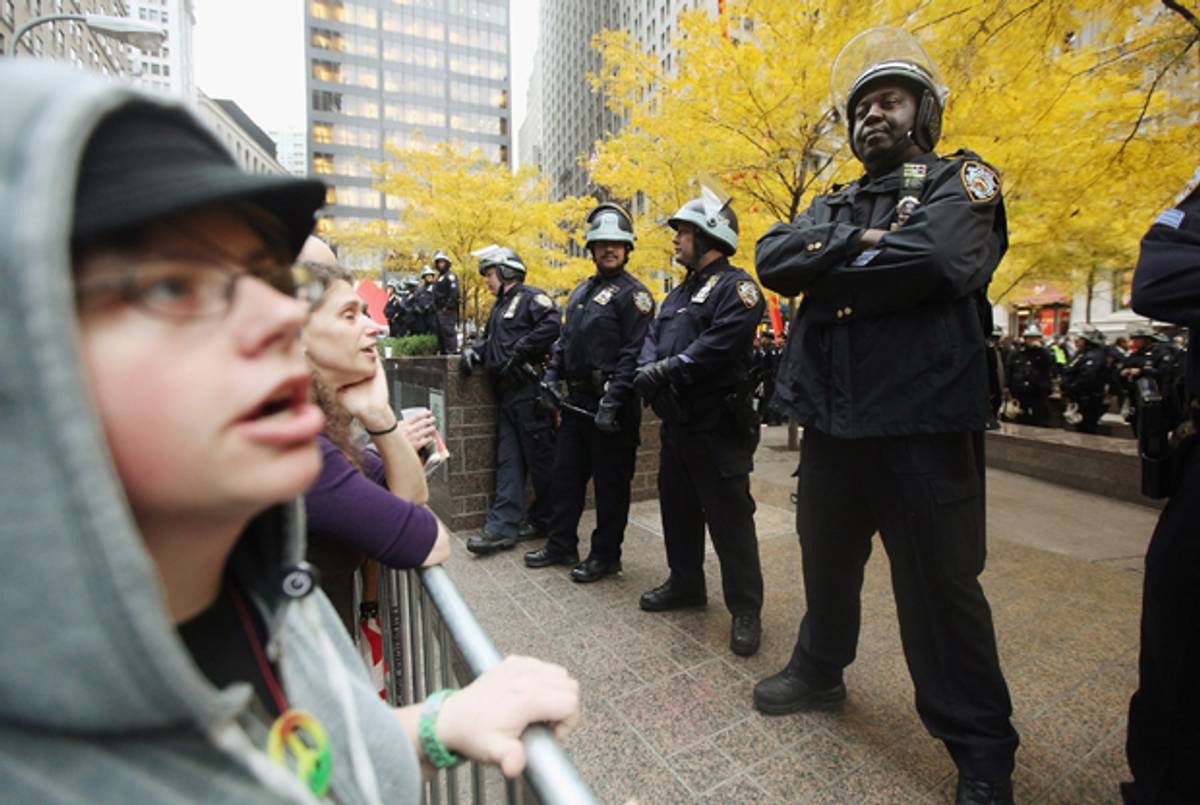 Protesters outside Zuccotti Park this morning.(Mario Tama/Getty Images)