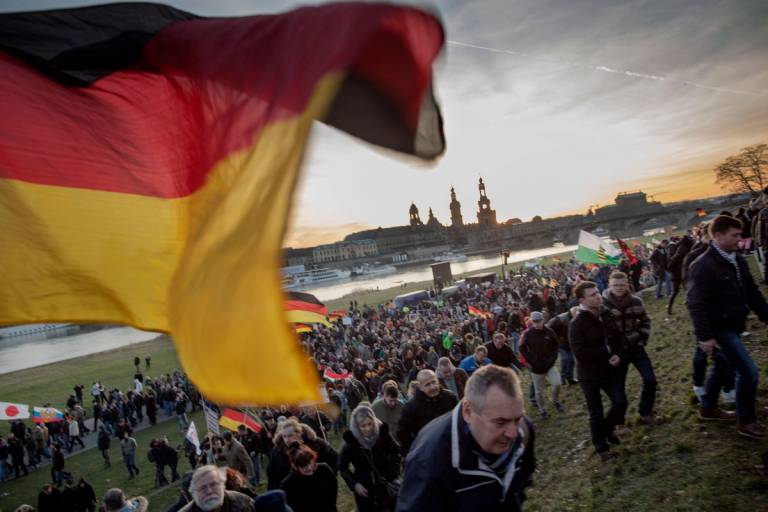 ‘The prospective growth of a large population of young Muslims who may be religiously or politically inclined toward hatred of Jews and Israel poses a particular problem for Germany in light of the Holocaust.’ A rally led by the far-right Pegida movement (Patriotic Europeans Against the Islamization of the West) in Dresden, Germany.