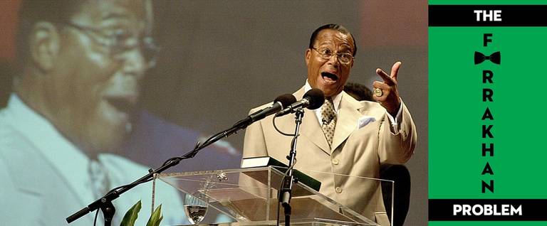 Louis Farrakhan addresses the annual Saviours' Day Convention during a 17 February, 2002, keynote marking the end of the weekend long event held in Los Angeles, California. The Saviours' Day Convention is the Nation of Islam's annual national convention, with speeches by activists, workshops and concerts for families.