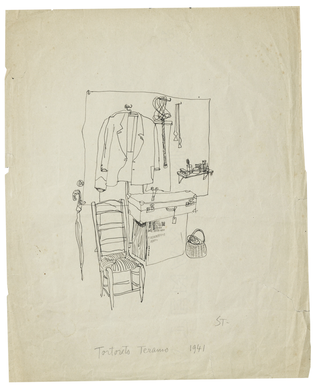 "We arrived in Tortoreto, in the Abruzzi, after two days of traveling, sleeping on benches in stations, and changing trains." A 1941 drawing shows some of Steinberg's possessions, not long after his arrival at Villa Tonelli.