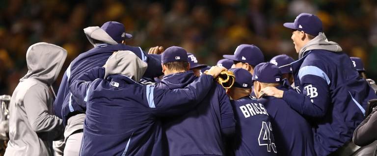 The Tampa Bay Rays celebrate their 5-1 win over the Oakland Athletics in the American League Wild Card Game at RingCentral Coliseum on October 2, 2019 in Oakland, California.
