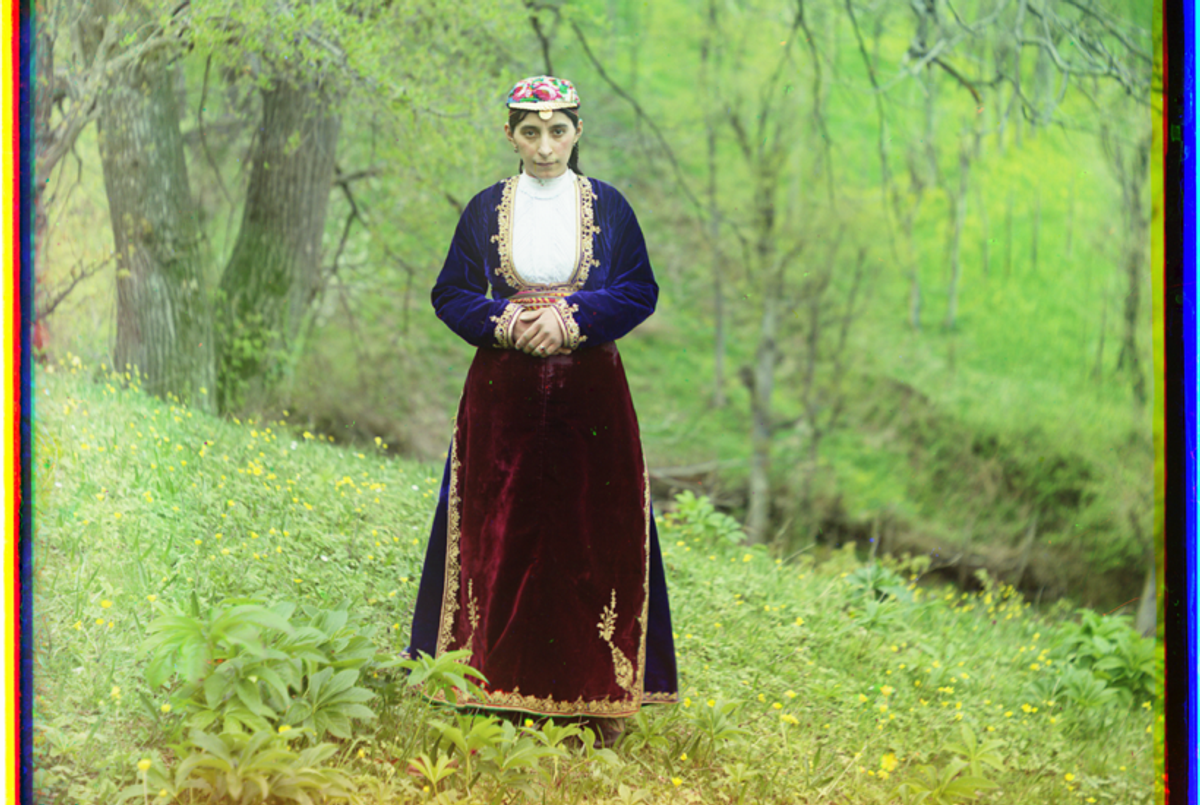 Armenian woman in national costume; Artvin. Photograph taken between 1905 and 1915 by Sergeĭ Mikhaĭlovich Prokudin-Gorskiĭ. This photo was part of a series in which Prokudin-Gorskii, on the eve of both the first World War and the Russian Revolution, travelled the Russian Empire to photograph the diverse populations living throughout. Included in the collection are rare chromagraphic portraits of Armenian people in national and religious costume, shortly before the Ottoman government's systematic extermination of Armenians who were living in present-day Turkey. The number of Armenians killed is estimated to be between 1 and 1.5 million.(Sergei Mikhailovich Prokudin-Gorskii Collection at the Library of Congress)