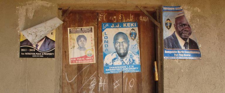 Campaign posters at Gershom Sizomu’s mother’s home in Nangolo village, Uganda, February 2011.