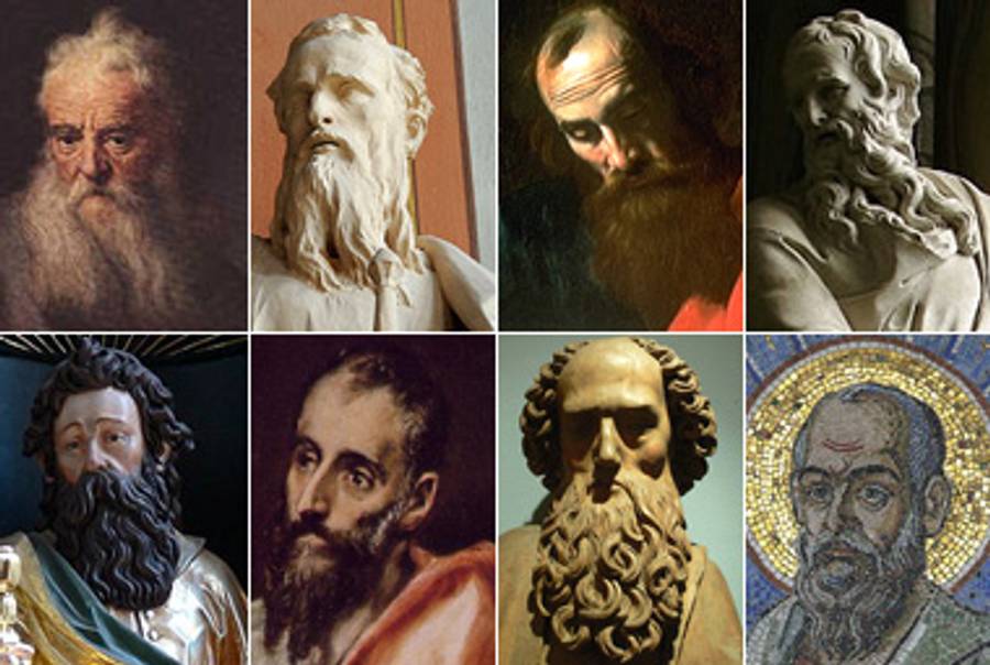 The apostle's many faces(Clockwise from top left: Rembrandt; statue from church in the Dolomites; Valentin de Boulogne or Nicolas Tournier; statue from Cathedral Notre Dame in Amiens; Greek mosaic; Weckmann; El Greco; statue from 16th century Austrian altar)