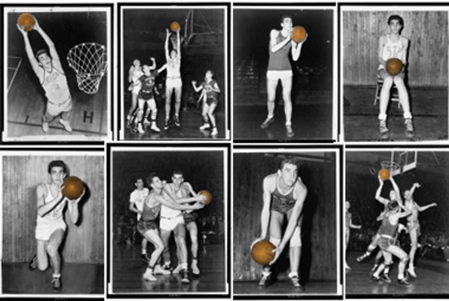 Dolph Schayes in 1945, on the New York University basketball team, except for top left, 1955, on the Syracuse Nationals.(Library of Congress.)