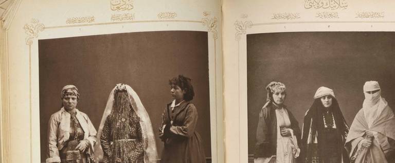 Studio portraits of models wearing clothes from Istanbul and Salonica, 1837, Pascal Sébah (1823-1886). In both photographs, the figure at center wears Jewish dress.