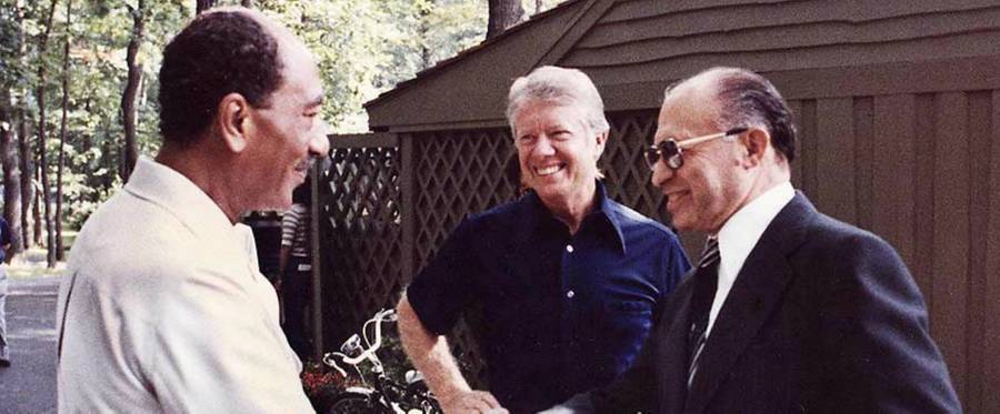 Israeli prime minister Menachem Begin and Egyptian president Anwar Sadat with U.S. president Jimmy Carter at Camp David in 1978.