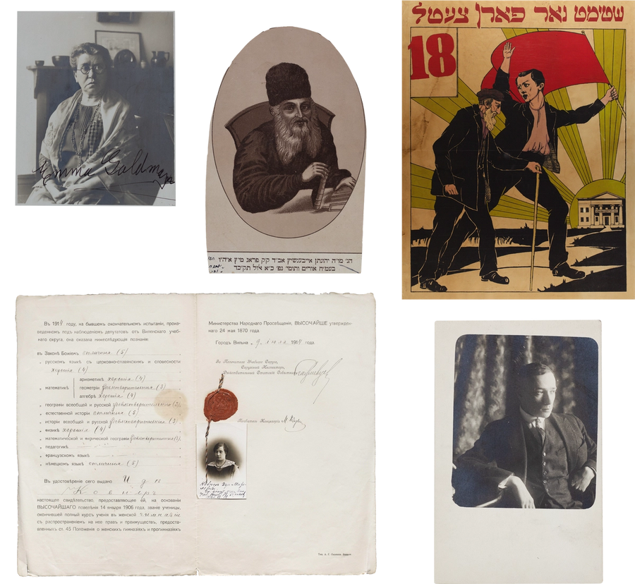 Clockwise from top left: Anarchist and political activist Emma Goldman; Prague-based Talmudist and Kabbalist Jonathan Eybeschutz (1690-1764); Soviet poster to encourage voting, 1924; the painter and graphic designer Henryk Berlev (1894-1967); a diploma from the Sofia Gurevitsh School, 1914