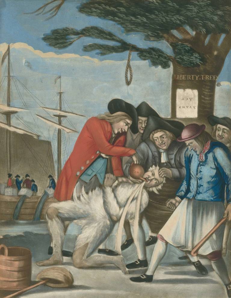 ‘The Bostonian Paying the Excise-Man,’ 1774. British propaganda print, referring to the tarring and feathering of Boston Commissioner of Customs John Malcolm four weeks after the Boston Tea Party.