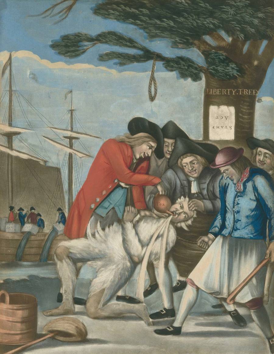 ‘The Bostonian Paying the Excise-Man,’ 1774. British propaganda print, referring to the tarring and feathering of Boston Commissioner of Customs John Malcolm four weeks after the Boston Tea Party.