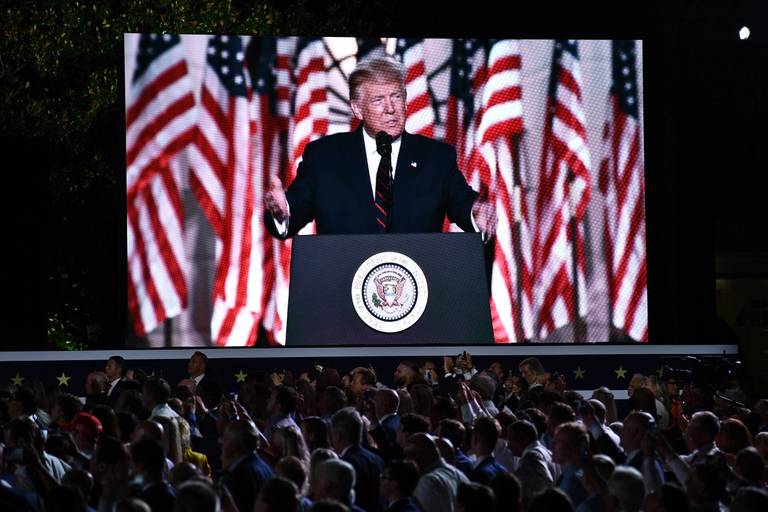 U.S. President Donald Trump delivers his acceptance speech for the Republican Party nomination for reelection during the final day of the Republican National Convention at the South Lawn of the White House on Aug. 27, 2020