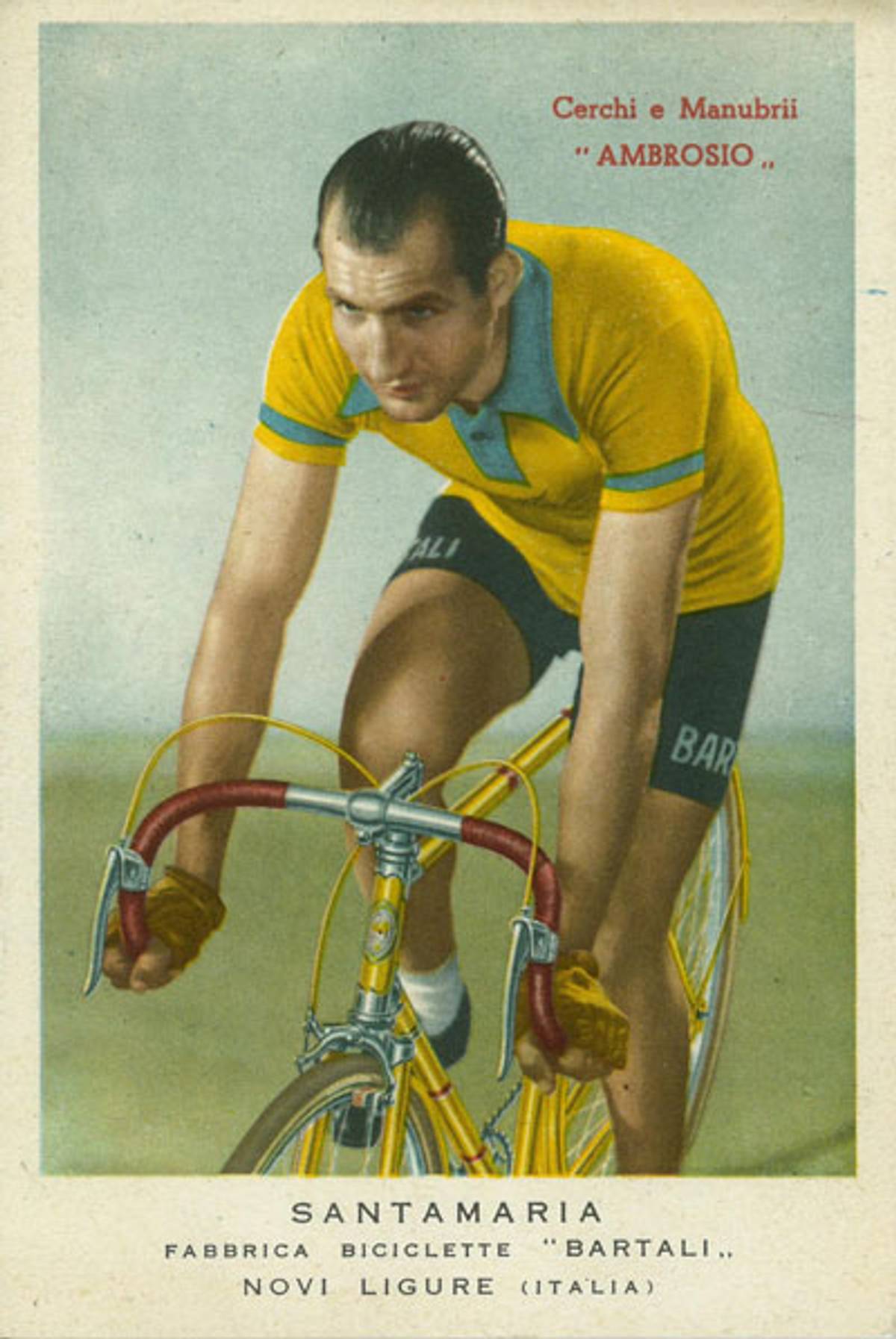 Gino Bartali bicycle promotional postcard, 1950-55. (Image courtesy Michael Haddad, Guest Curator, Italian American Museum)