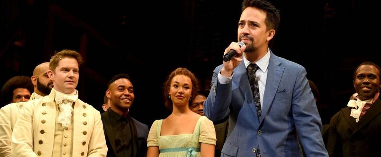Lin-Manuel Miranda and the cast appear onstage at the opening night curtain call for 'Hamilton' at the Pantages Theatre on August 16, 2017 in Los Angeles, California.
