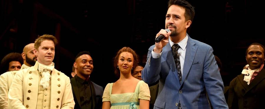 Lin-Manuel Miranda and the cast appear onstage at the opening night curtain call for 'Hamilton' at the Pantages Theatre on August 16, 2017 in Los Angeles, California.
