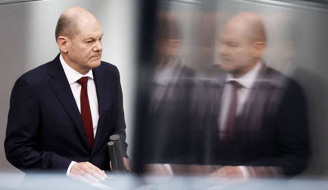 German Chancellor Olaf Scholz speaks during an extraordinary session of the Bundestag, the lower house of parliament, on Feb. 27, 2022, in Berlin