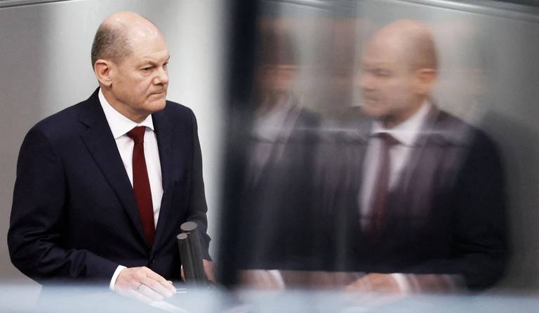 German Chancellor Olaf Scholz speaks during an extraordinary session of the Bundestag, the lower house of parliament, on Feb. 27, 2022, in Berlin