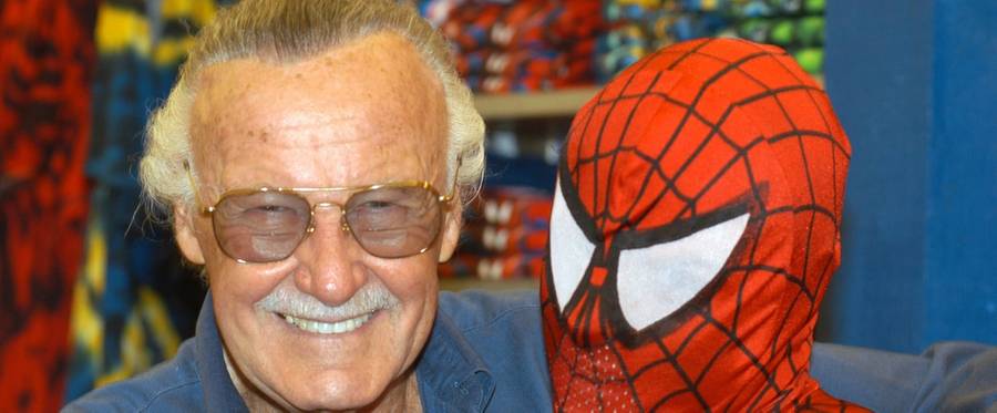 Creator Stan Lee, left, poses with Spider-Man during the Spider-Man 40th birthday celebration at Universal Studios on Aug. 13, 2002, in Universal City, California.