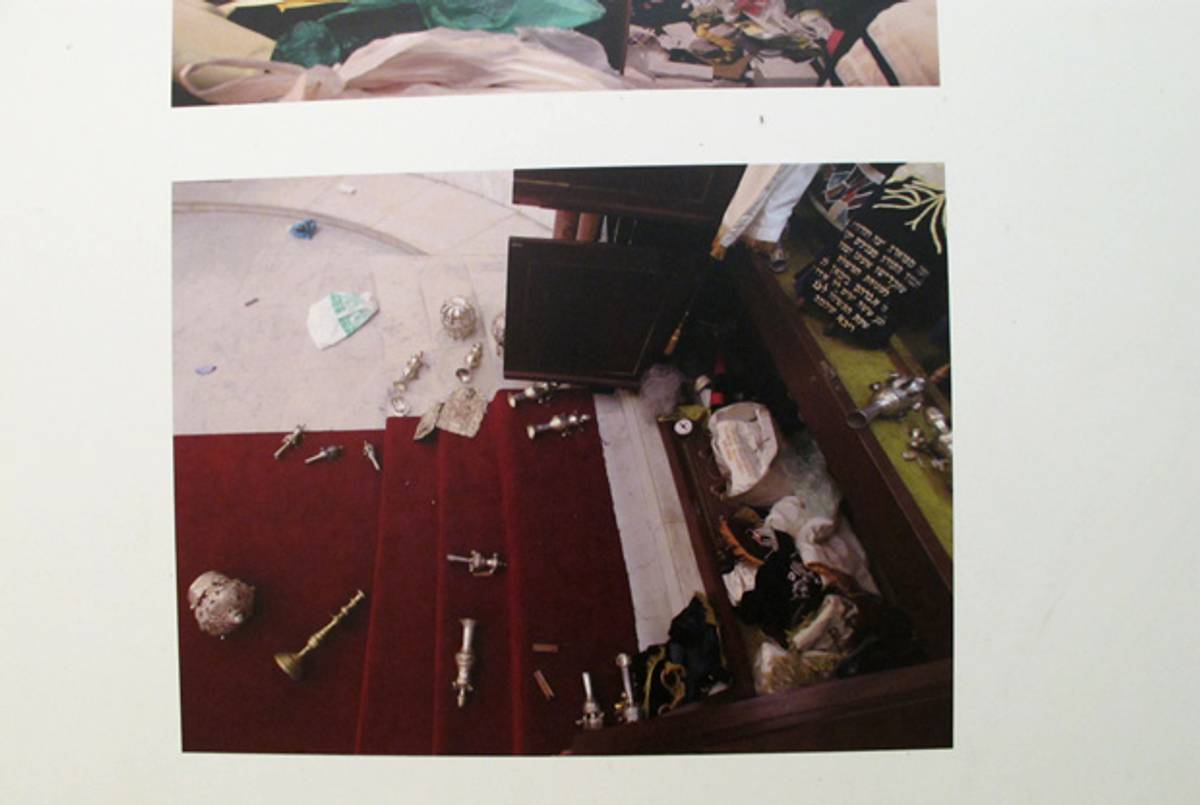 An exhibit in the basement of the Gran Sinagoga Tiféret Israel, known as Mariperez, includes images of the scene there the day after the Jan. 31, 2009, profanation.