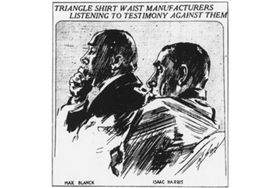 Max Blanck and Isaac Harris in “Triangle Shirt Waist Manufacturers Listening To Testimony Against Them," an illustration from 1911.(Remembering the Triangle Factory Fire, Kheel Center for Labor-Management Documentation and Archives, Cornell University)