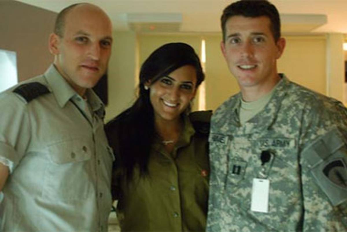 U.S. Army Capt. Stephen Hummel, IDF Capt. Ofer Yizhar-Barnea, and IDF 2nd Lt. Ayelet Yosef at a dinner at the start of the joint exercise.(Stripes.com)