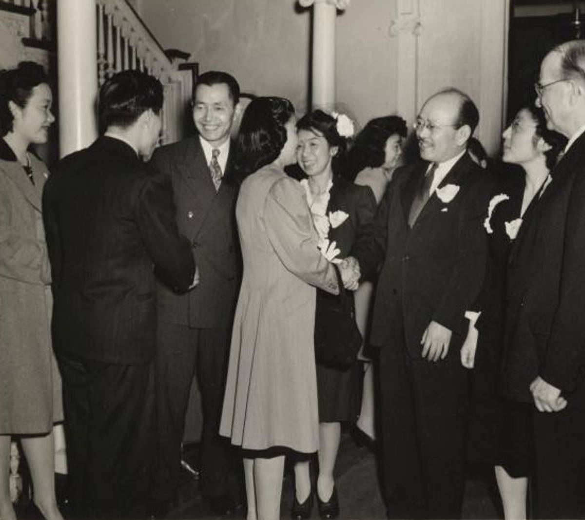 Frances Adachi and her parents, at far left, at an event at the Japanese Methodist Church in New York City, 1944