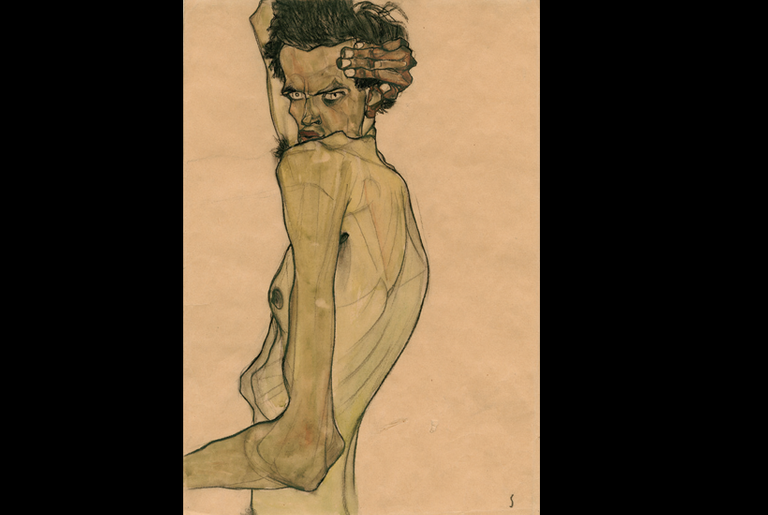 Egon Schiele (1890-1918): 'Self-Portrait with Arm Twisted above Head,' 1910. Watercolor and charcoal. Private Collection(Image courtesy of Neue Galerie)