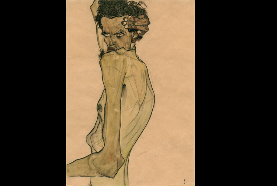 Egon Schiele (1890-1918): 'Self-Portrait with Arm Twisted above Head,' 1910. Watercolor and charcoal. Private Collection(Image courtesy of Neue Galerie)