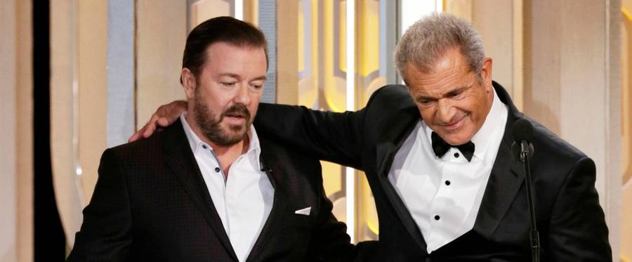 Ricky Gervais and Mel Gibson at the 73rd Annual Golden Globe Awards at The Beverly Hilton Hotel  in Beverly Hills, California, January 10, 2016. 